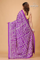 Plump Purple Floral Design Silk Kantha Stitch Saree - Craftyle