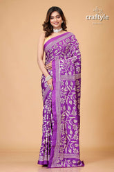 Plump Purple Floral Design Silk Kantha Stitch Saree - Craftyle