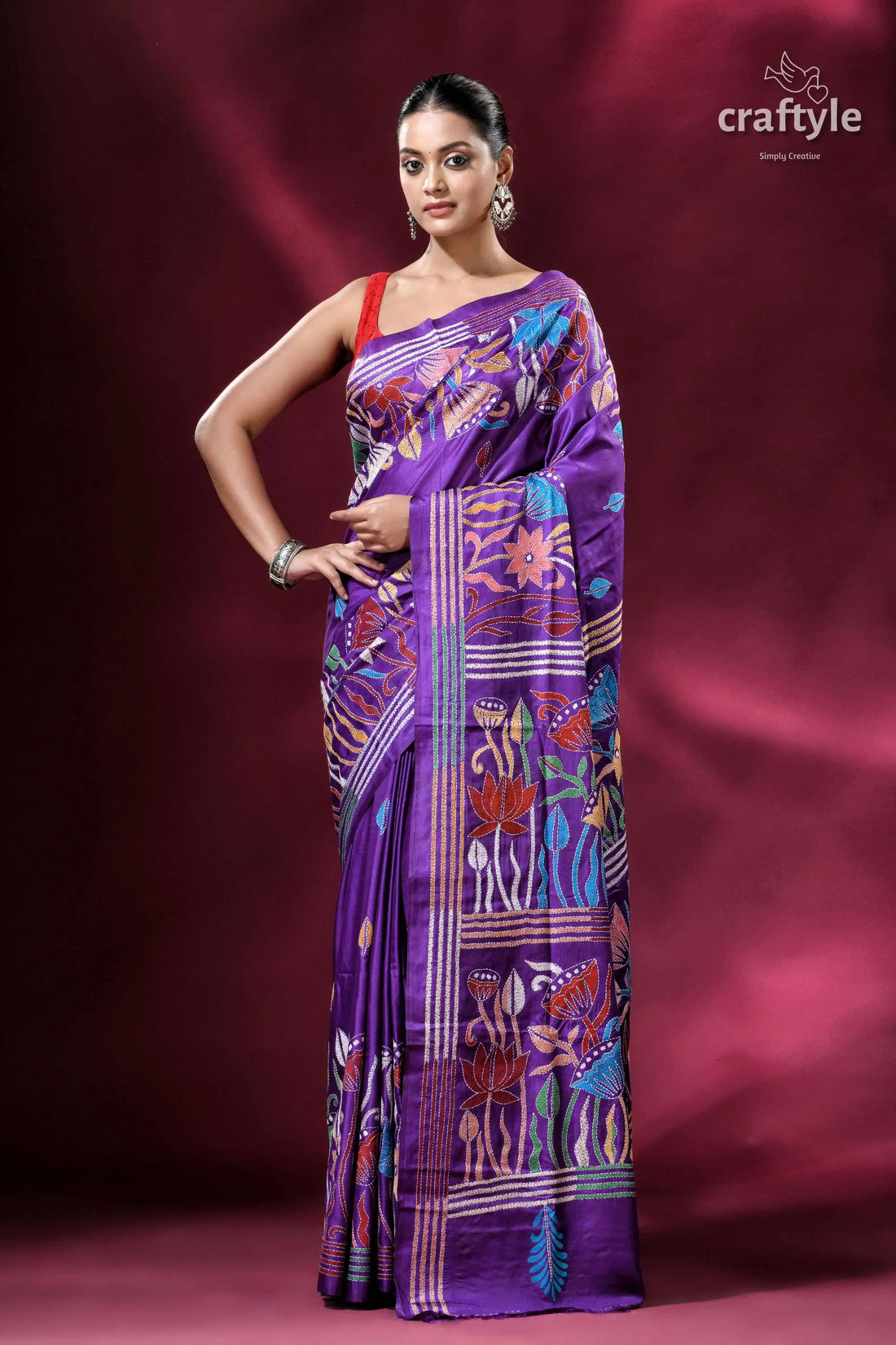 Plump purple lotus design artisanal silk kantha saree purple floral-patterned saree 1