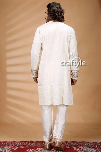 Porcelain white kantha stitch cotton kurta for men embroidered colorful patterned 5