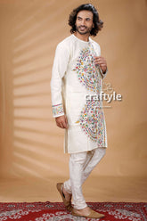 Porcelain White Kantha Stitch Cotton Kurta for Men - Craftyle