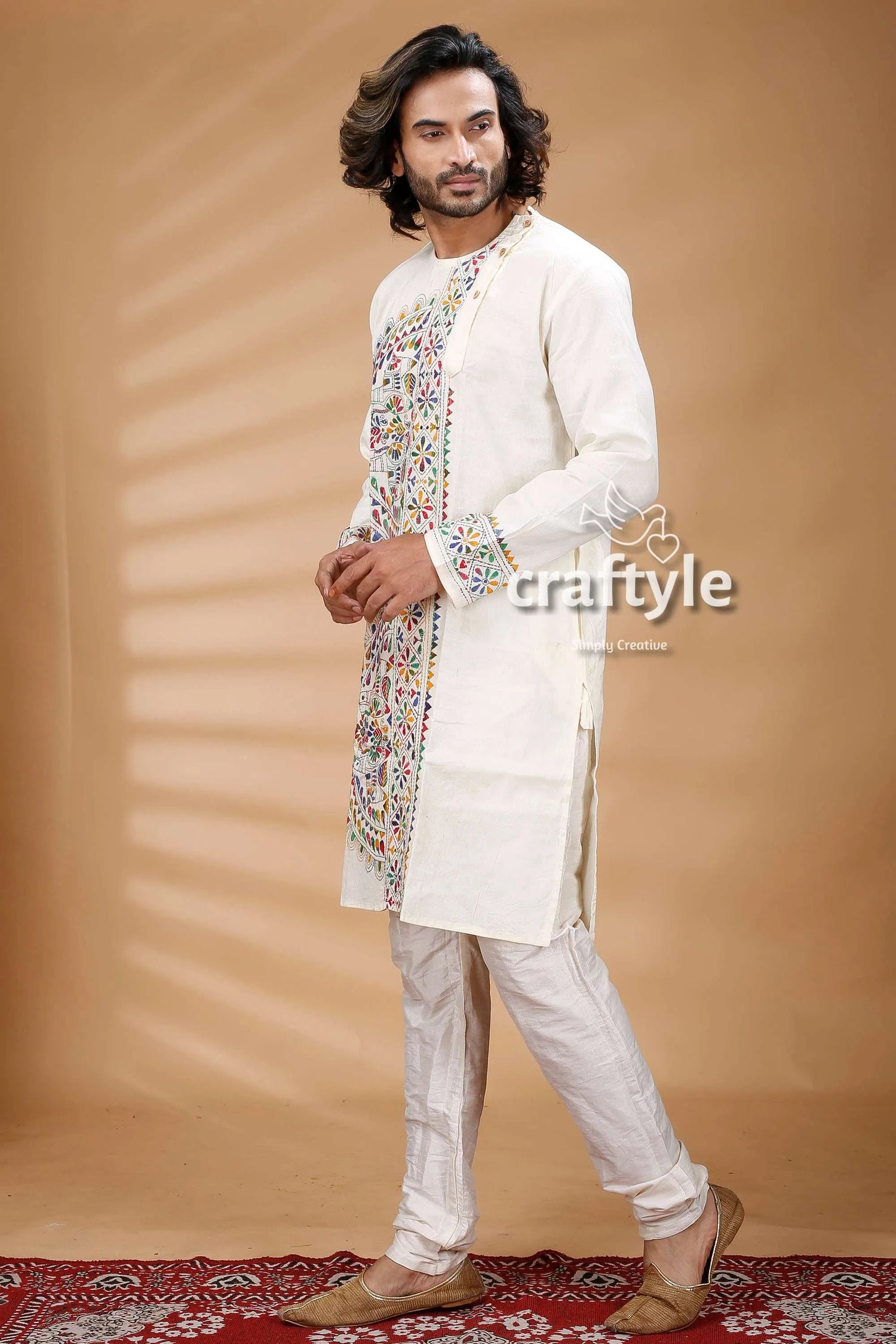 Porcelain white kantha stitch cotton kurta for men embroidered colorful intricate 4