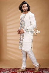 Porcelain white kantha stitch cotton kurta for men embroidered colorful intricate 4
