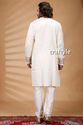 Porcelain White Kantha Stitch Cotton Kurta for Men - Craftyle