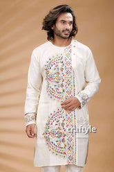 Porcelain white kantha stitch cotton kurta for men cream-colored intricate multicolored 2