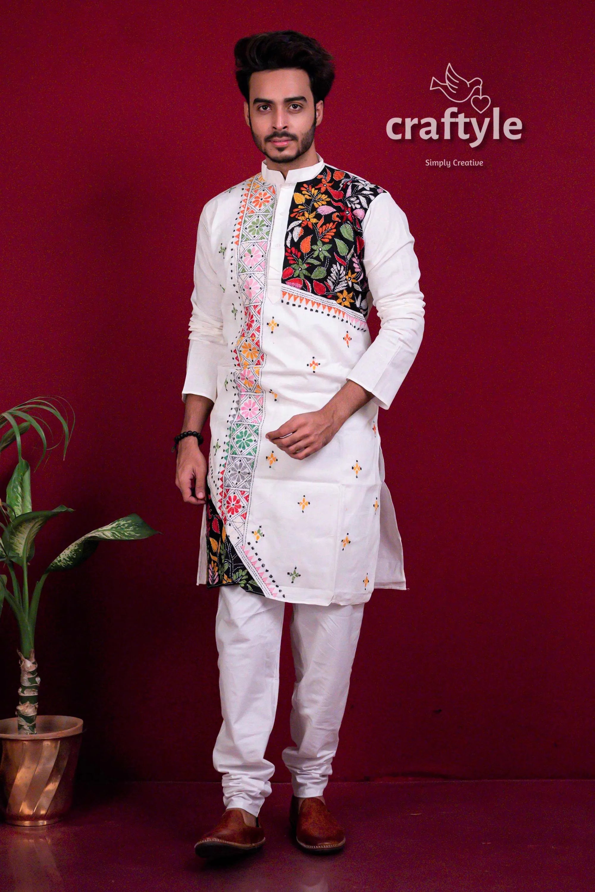 Porcelain white kantha stitch cotton panjabi for men men’s kurta colorful floral 5