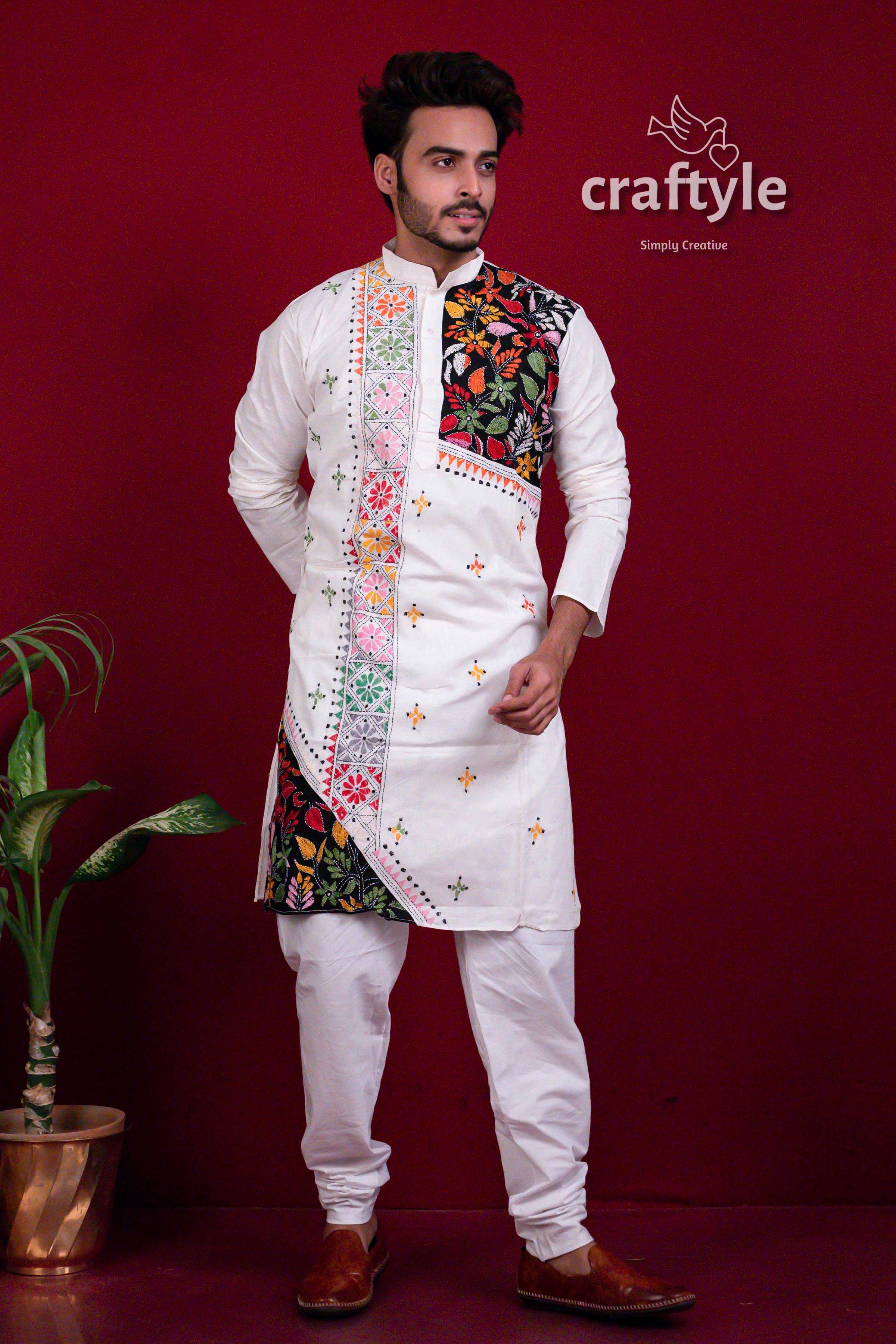 Porcelain White Kantha Stitch Cotton Panjabi for Men - Craftyle