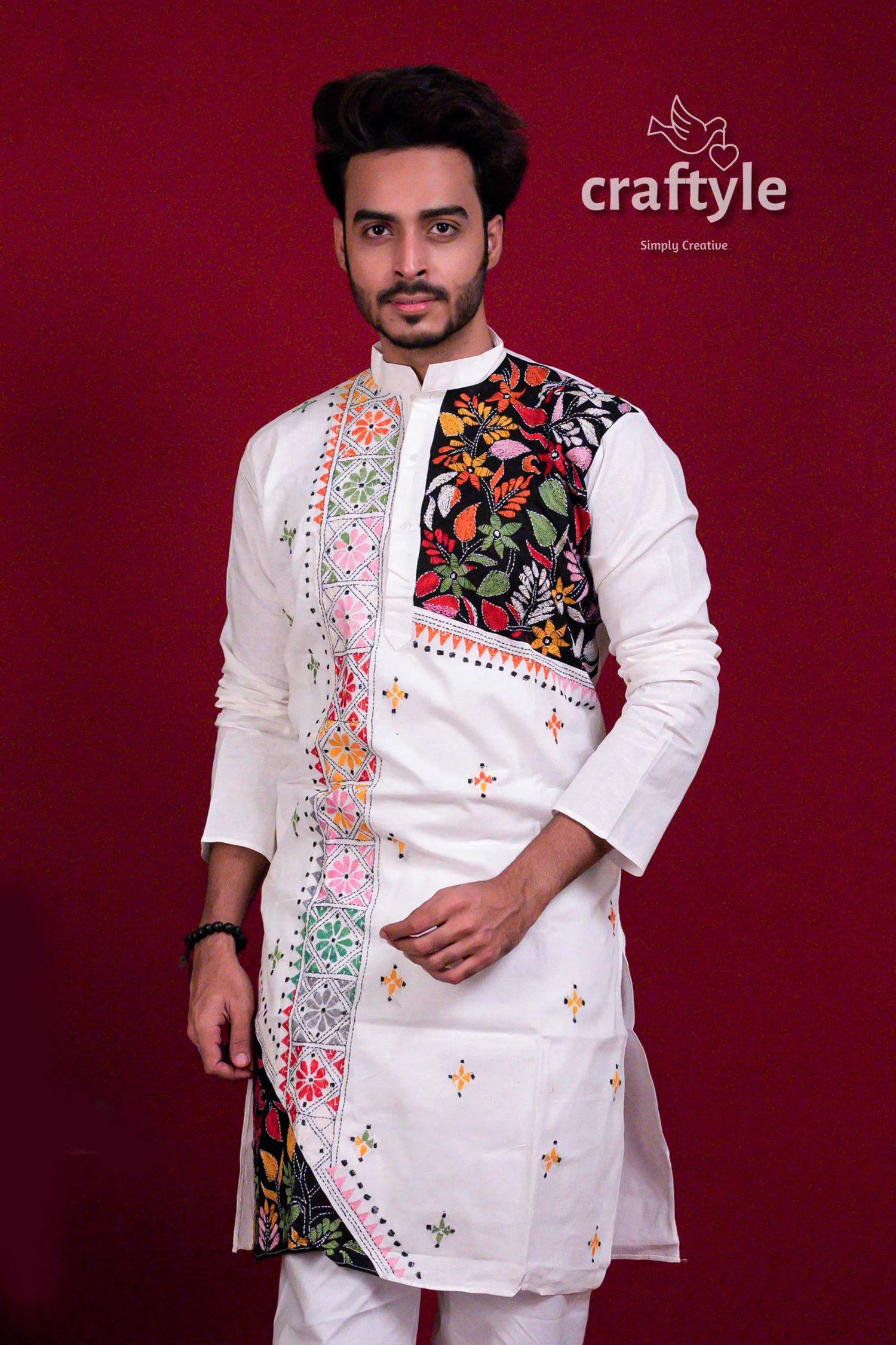 Porcelain white kantha stitch cotton panjabi for men men’s kurta colorful floral 3