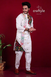 Porcelain white kantha stitch cotton panjabi for men men’s kurta intricate colorful 2