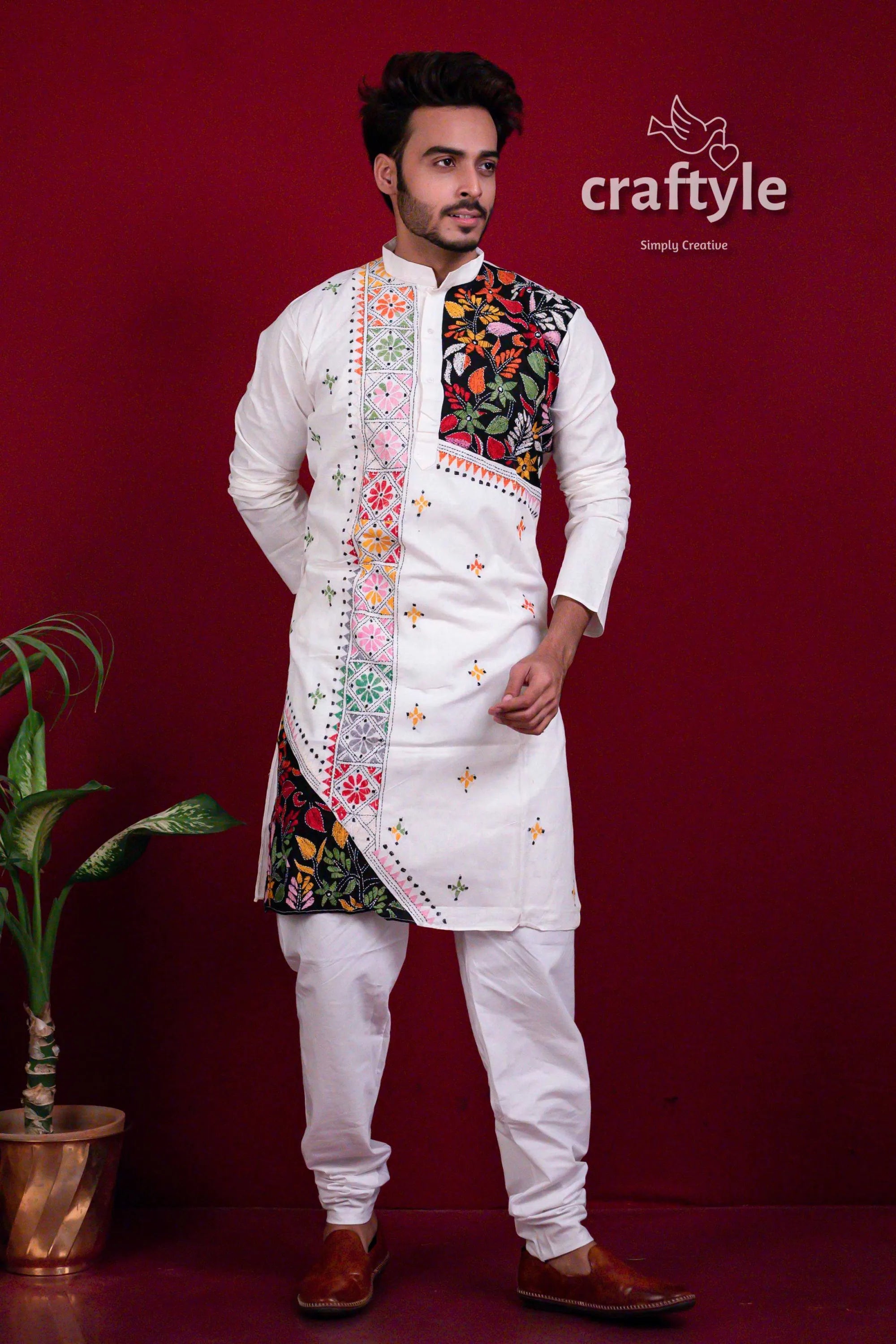 Porcelain white kantha stitch cotton panjabi for men men’s kurta colorful embroidery 4