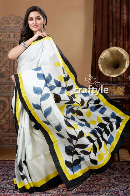 Porcelain White Leaf Design Hand Painted Mulberry Pure Silk Saree - Craftyle