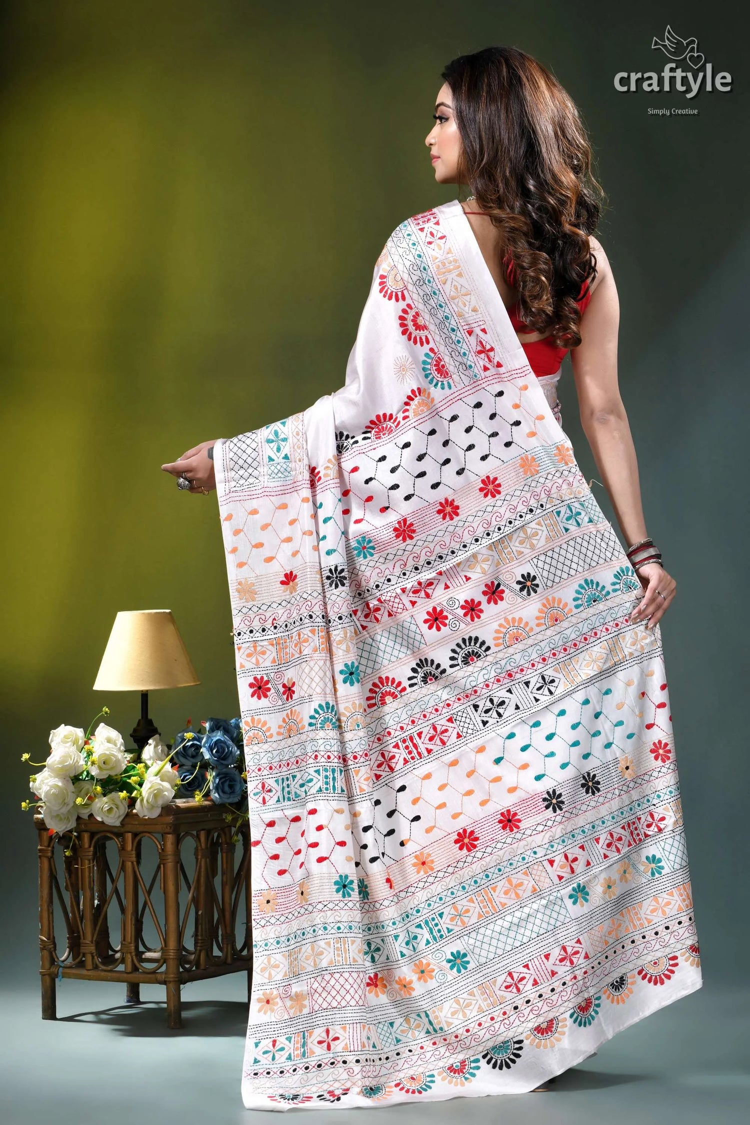 Porcelain white multi-thread floral motif hand embroidery silk lambani saree white cotton saree intricate multicolored 4