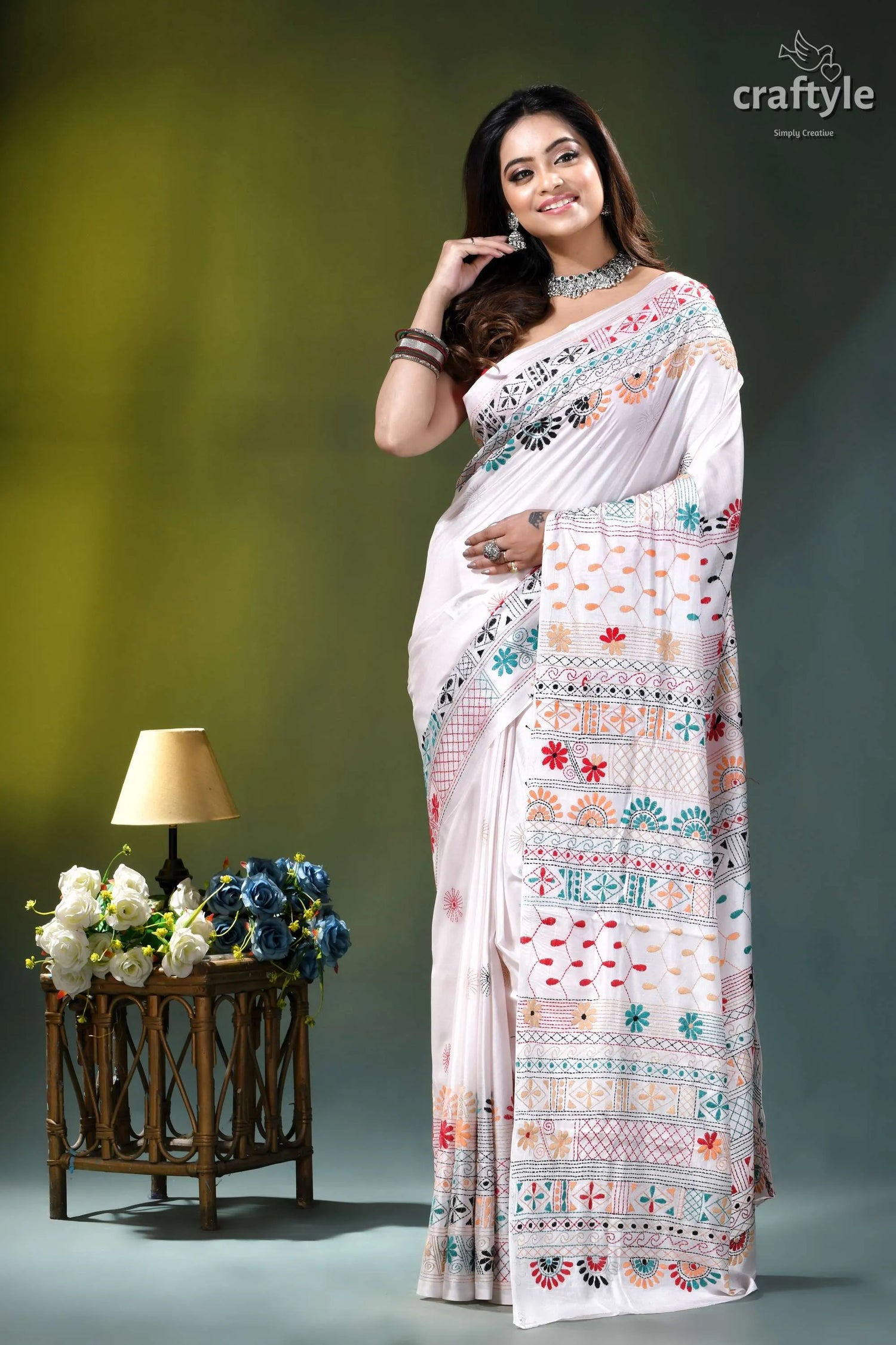 Porcelain white multi-thread floral motif hand embroidery silk lambani saree white embroidered saree colorful floral 7