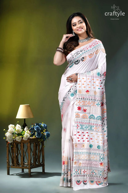 Porcelain white multi-thread floral motif hand embroidery silk lambani saree white embroidered saree colorful floral 7