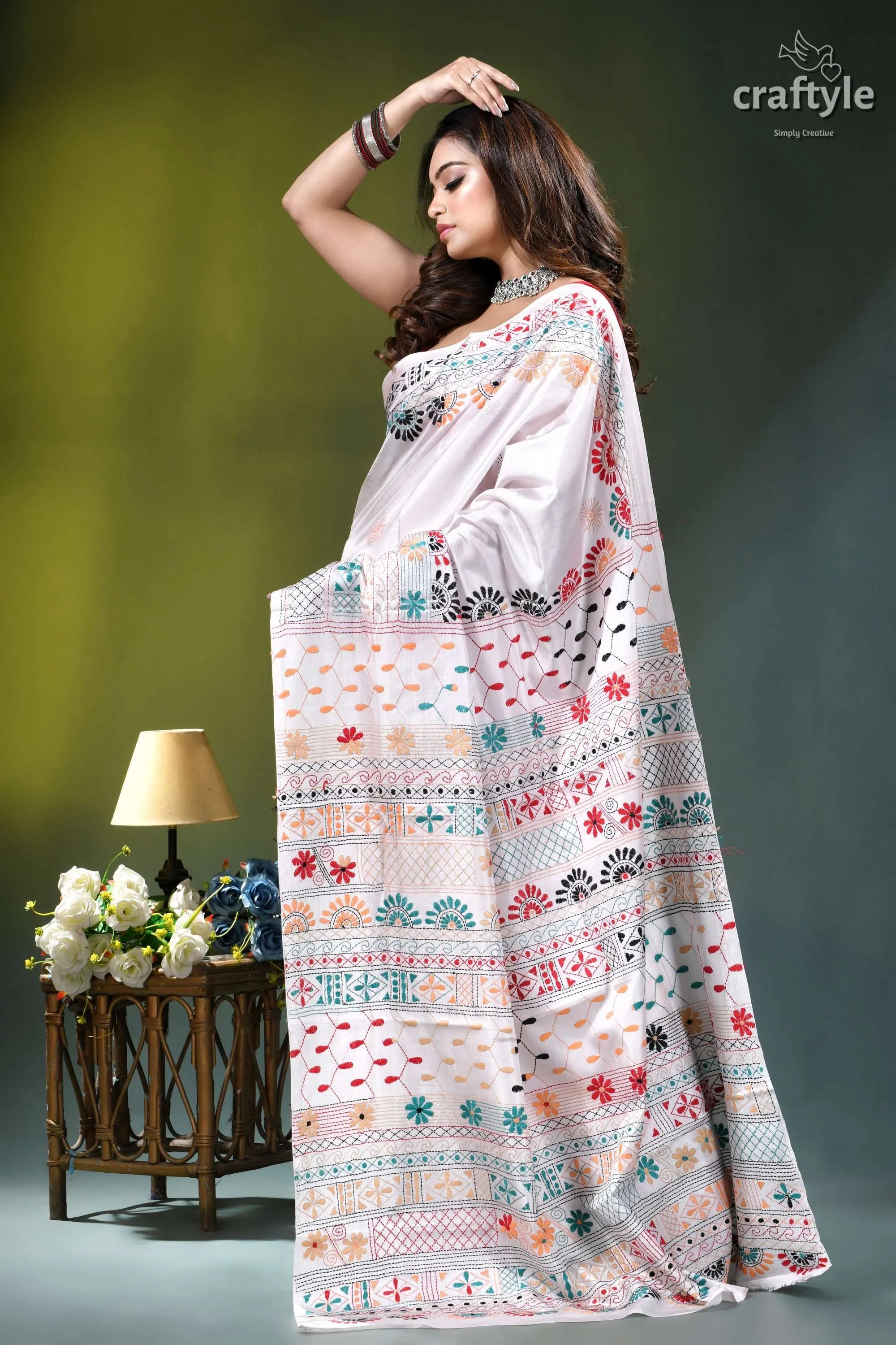 Porcelain white multi-thread floral motif hand embroidery silk lambani saree white saree intricate multicolored floral 3