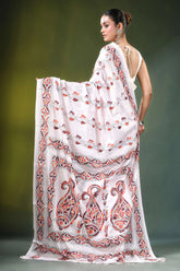 Porcelain white paisley motif handmade silk kantha saree intricate orange black 4