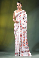 Porcelain white paisley motif handmade silk kantha saree adorned intricate red 1