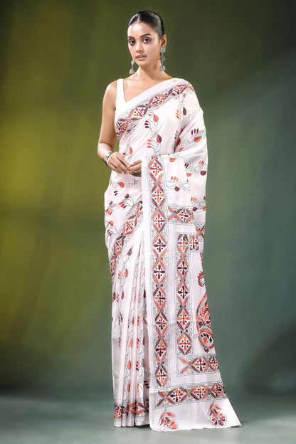 Porcelain white paisley motif handmade silk kantha saree adorned intricate red 1