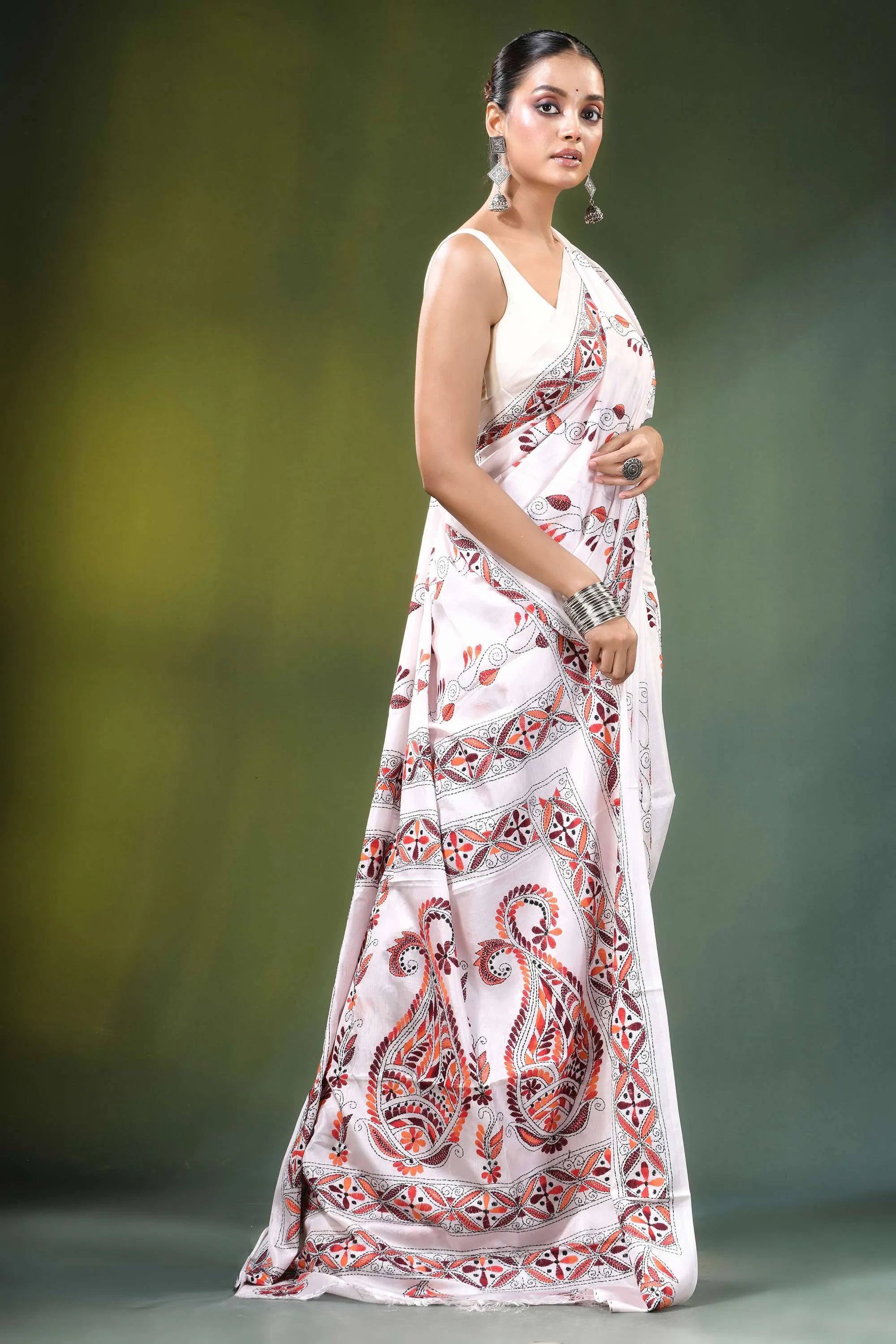 Porcelain white paisley motif handmade silk kantha saree woman wears adorned 5