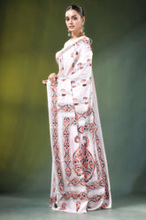 Porcelain white paisley motif handmade silk kantha saree woman wears adorned 3