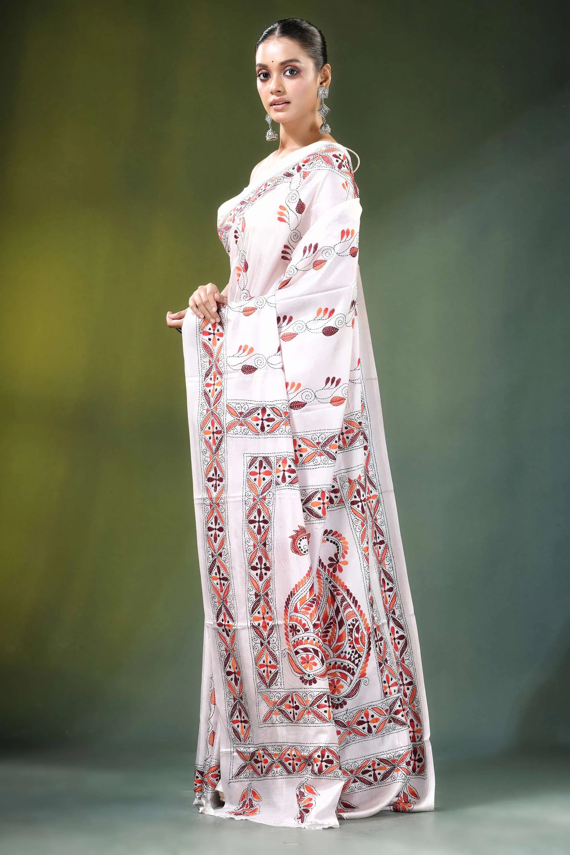 Porcelain white paisley motif handmade silk kantha saree woman wears adorned 3