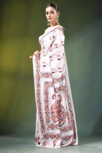 Porcelain white paisley motif handmade silk kantha saree woman wears adorned 3
