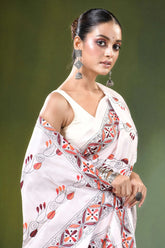 Porcelain white paisley motif handmade silk kantha saree intricate orange red 2