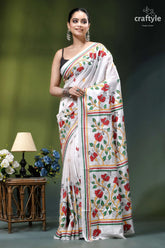 Porcelain white silk kantha work saree with beautiful hibiscus design white embroidered saree vibrant red 6