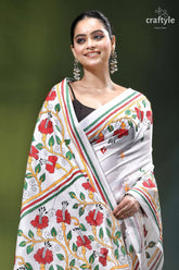 Porcelain white silk kantha work saree with beautiful hibiscus design white saree vibrant red green 2