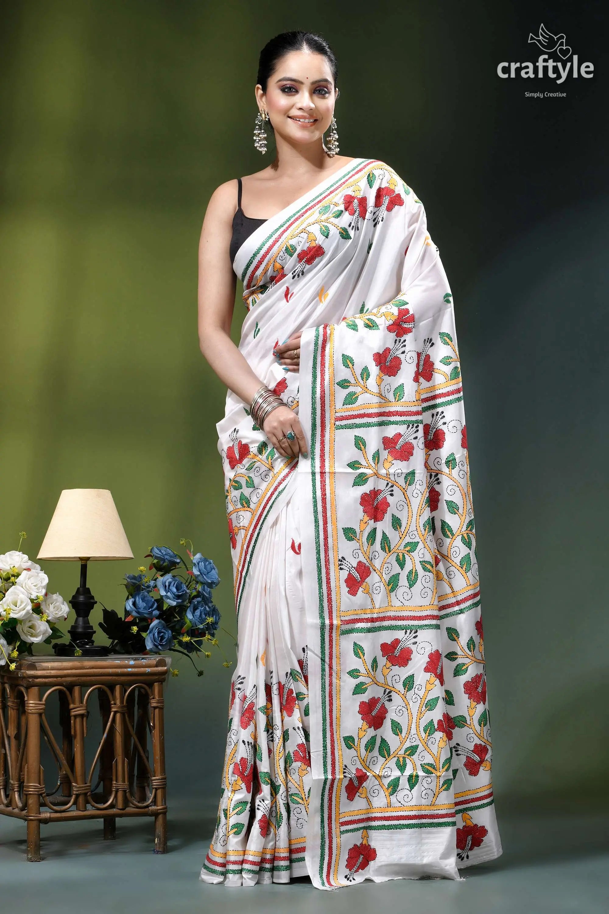 Porcelain white silk kantha work saree with beautiful hibiscus design white sari adorned vibrant red 1