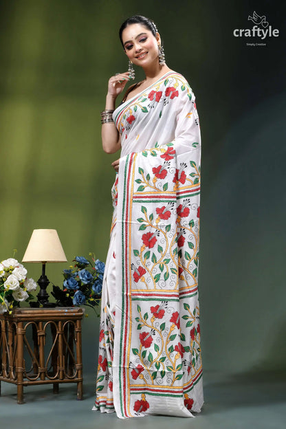 Porcelain white silk kantha work saree with beautiful hibiscus design white saree adorned vibrant red 3