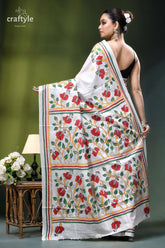 Porcelain white silk kantha work saree with beautiful hibiscus design white saree vibrant red floral 5