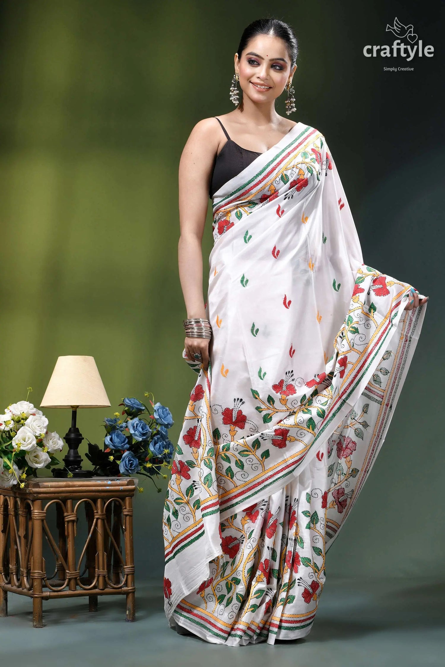 Porcelain white silk kantha work saree with beautiful hibiscus design white embroidered saree vibrant red 4