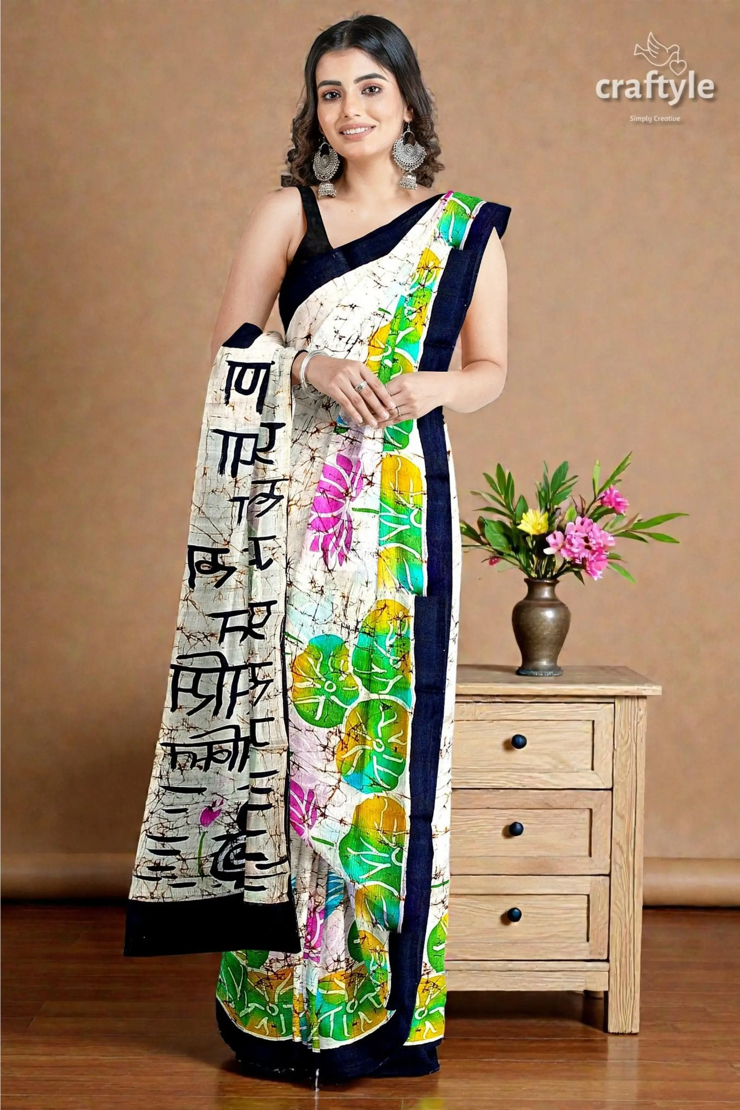 Powder white goddess design hand batik mulberry pure silk saree 3