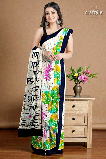 Powder white goddess design hand batik mulberry pure silk saree 3