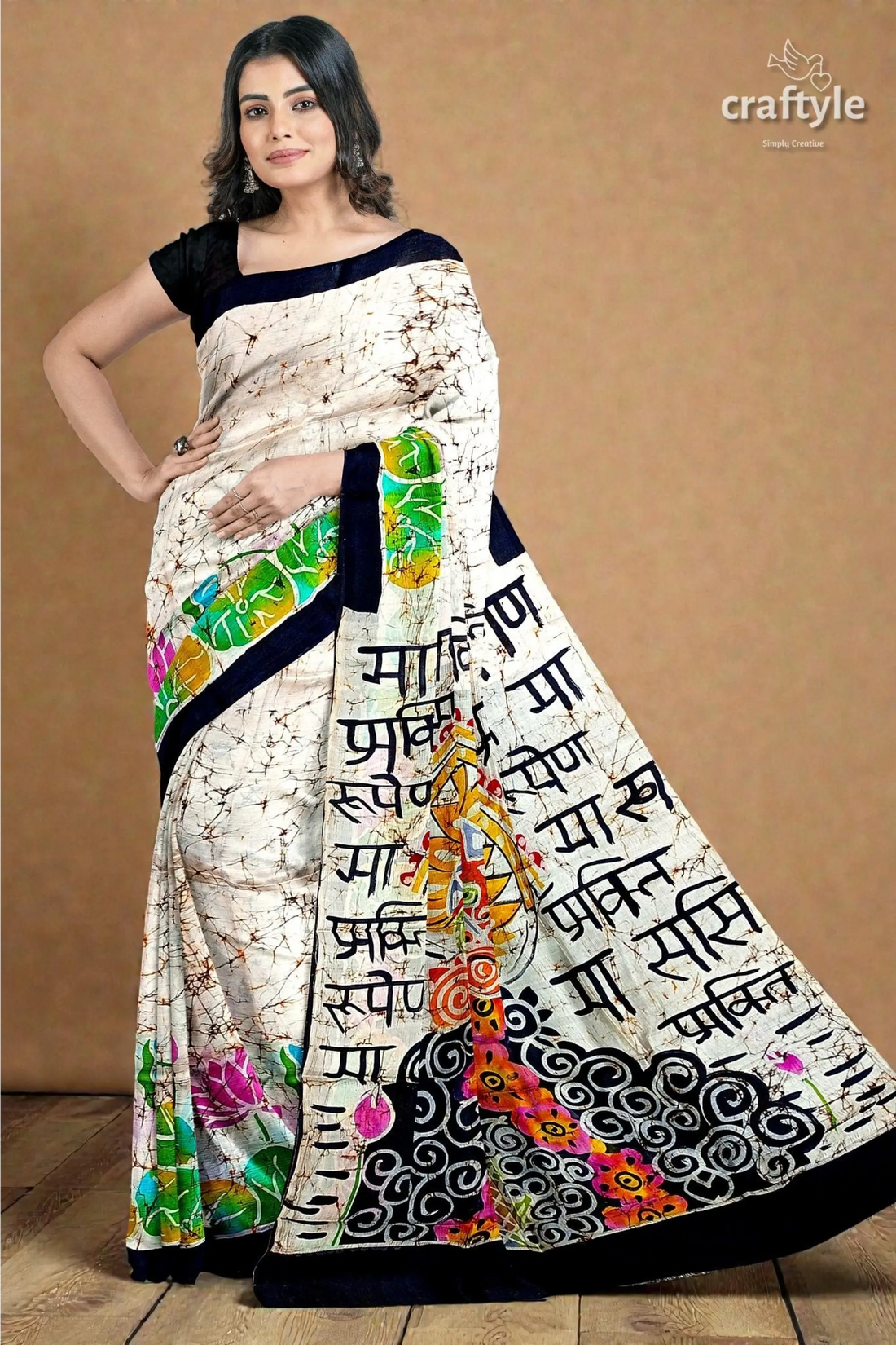 Powder white goddess design hand batik mulberry pure silk saree 1