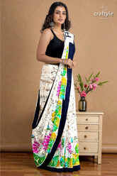 Powder white goddess design hand batik mulberry pure silk saree 6