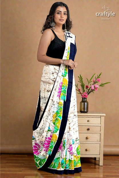 Powder white goddess design hand batik mulberry pure silk saree 6