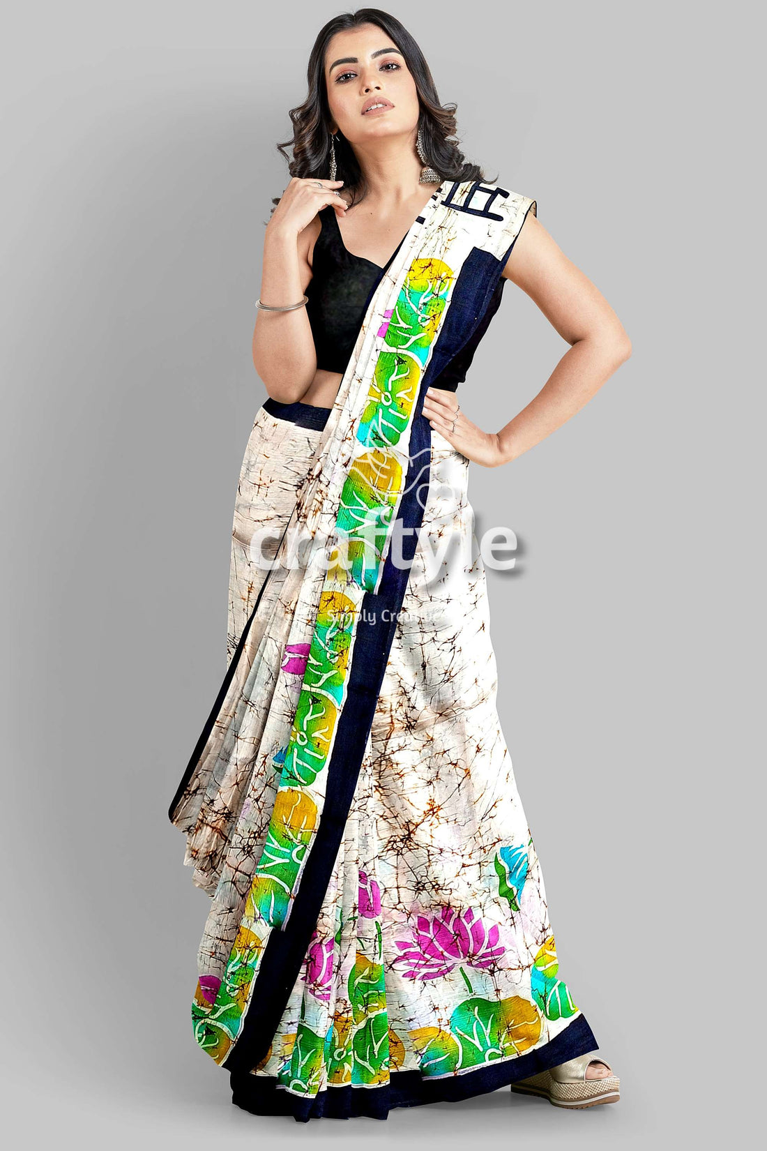 Powder White Goddess Design Hand Batik Mulberry Pure Silk Saree - Craftyle