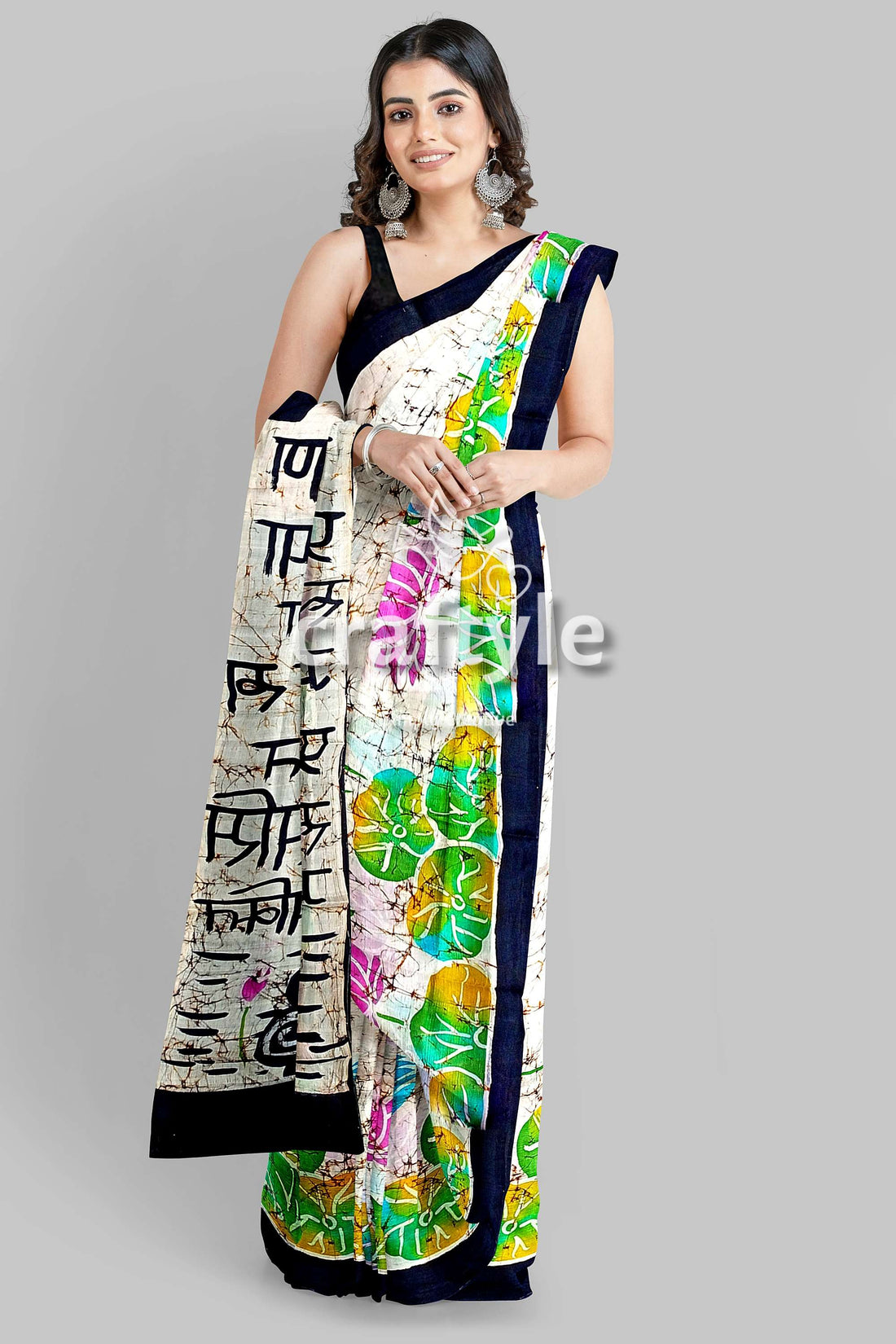 Powder White Goddess Design Hand Batik Mulberry Pure Silk Saree - Craftyle
