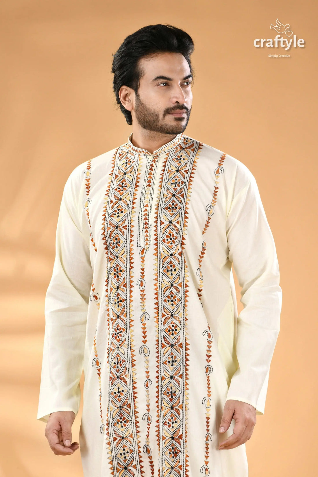 Powder white hand embroidered kantha mens kurta men’s off white embroidered kurta 2