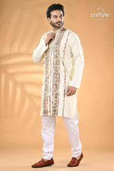 Powder white hand embroidered kantha mens kurta men’s off white kurta intricate colorful 4
