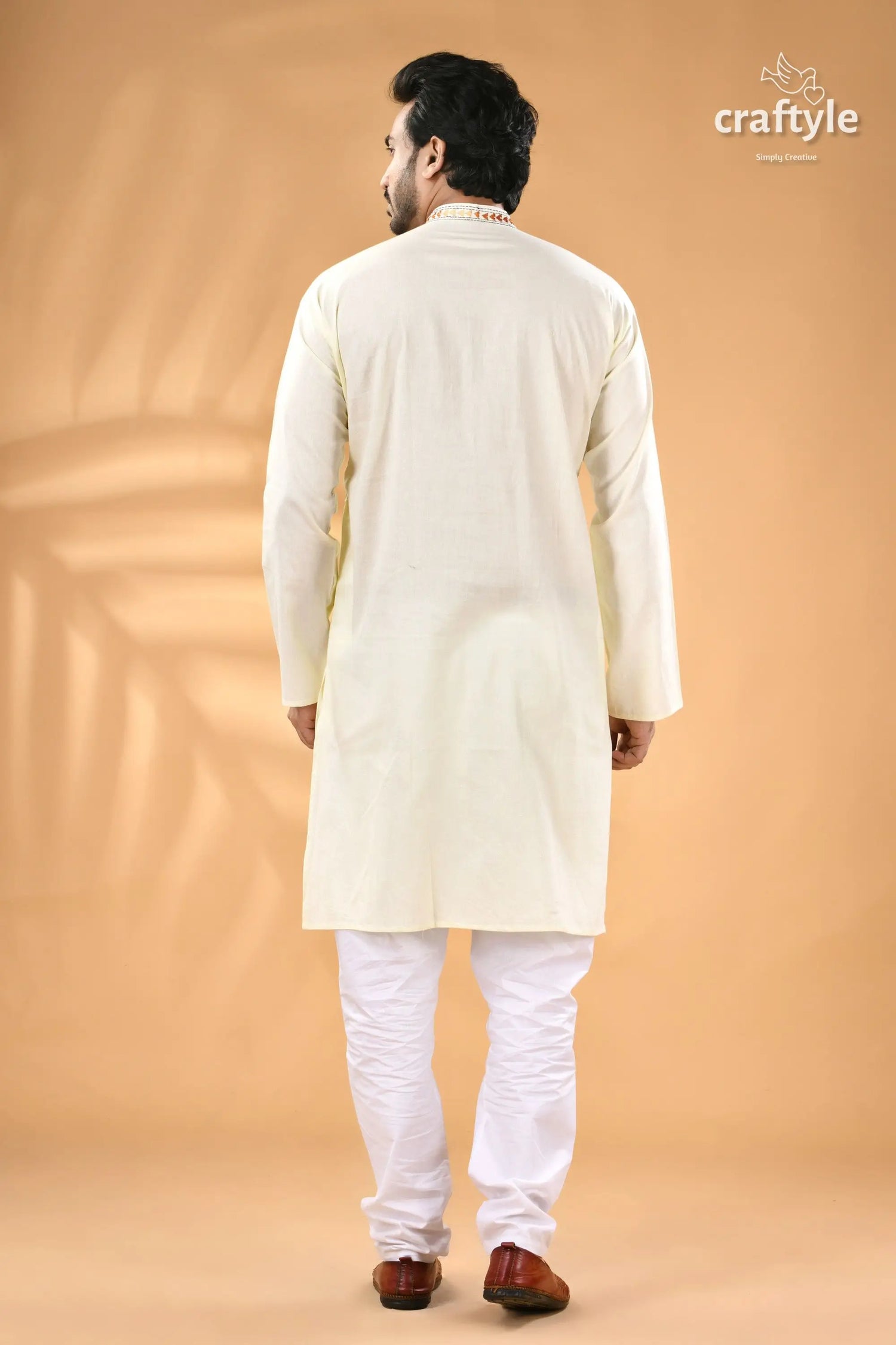 Powder white hand embroidered kantha mens kurta men’s off white cotton blend kurta 6
