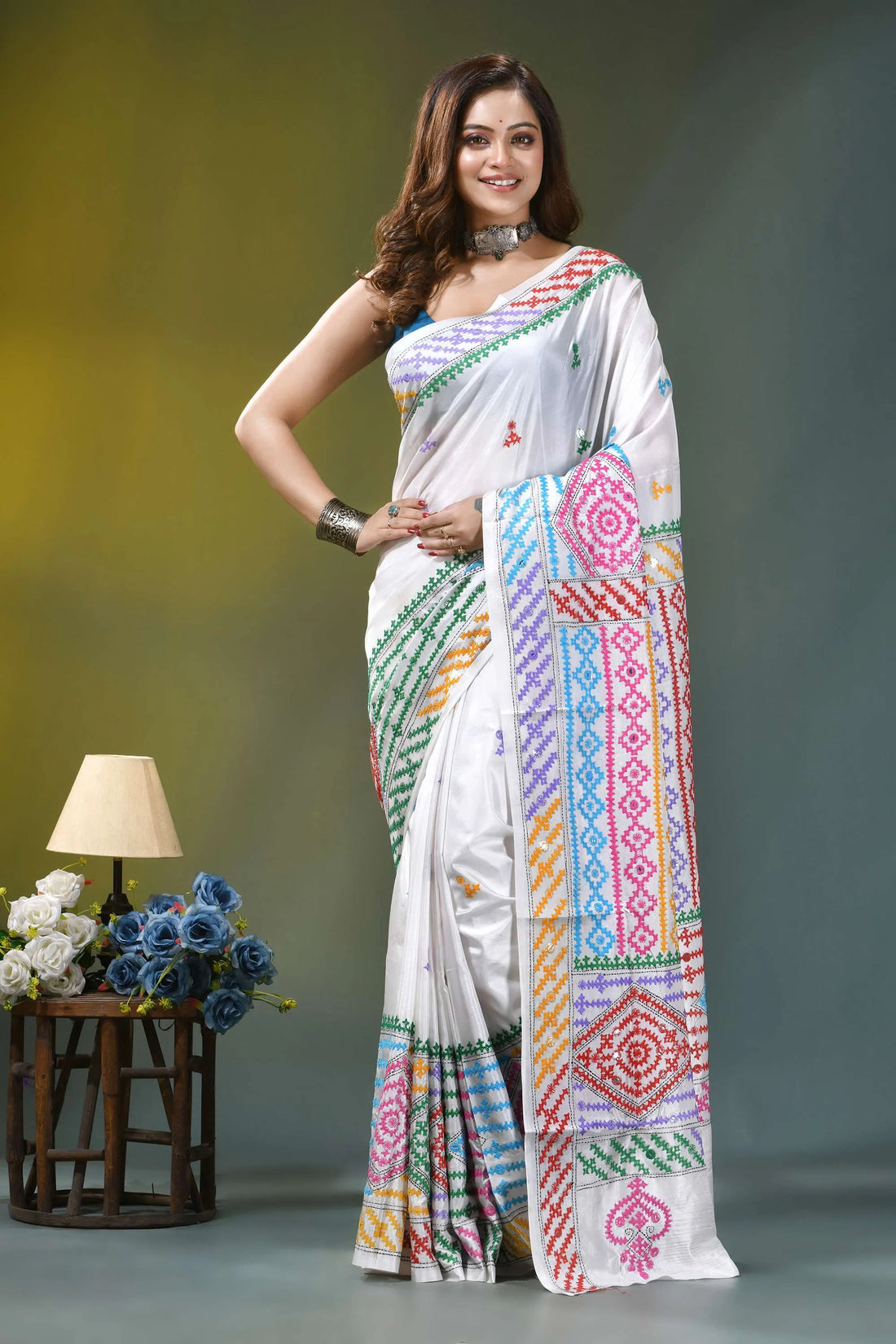 Powder white multi-thread silk gujrati stitch saree with mirror work white silk saree vibrant multicolored 1