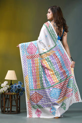 Powder white multi-thread silk gujrati stitch saree with mirror work vibrant intricately embroidered white saree 6