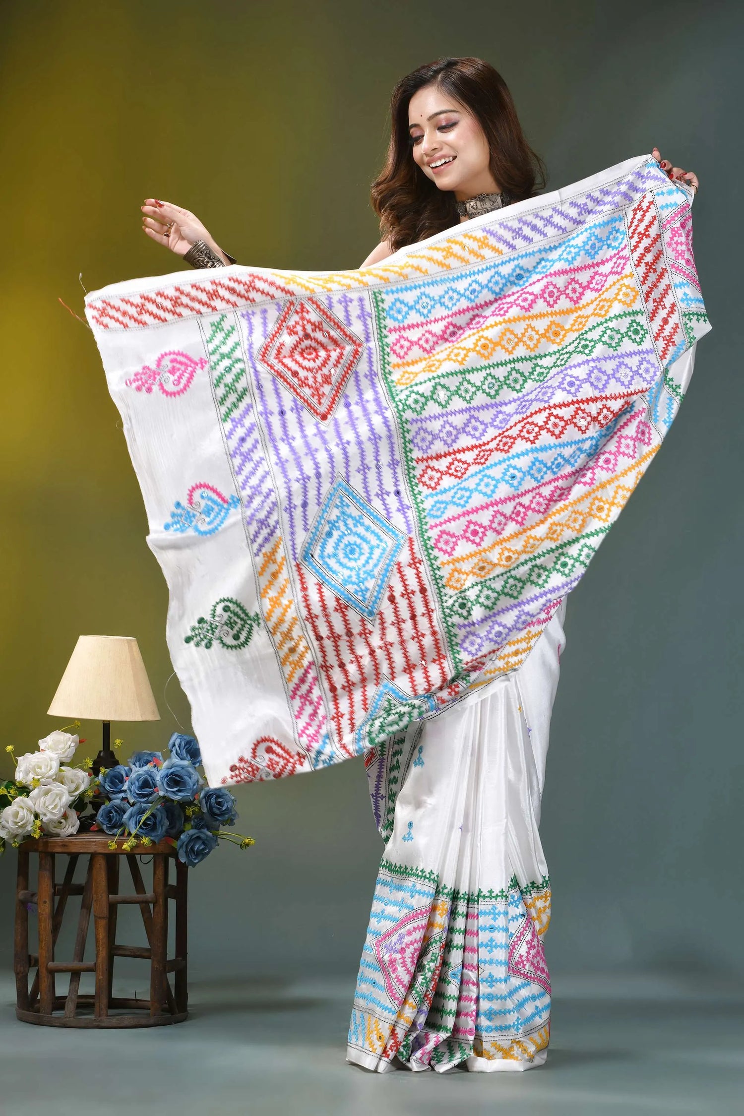 Powder white multi-thread silk gujrati stitch saree with mirror work vibrant hand-embroidered white saree colorful 4