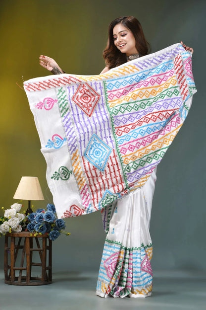 Powder white multi-thread silk gujrati stitch saree with mirror work vibrant hand-embroidered white saree colorful 4