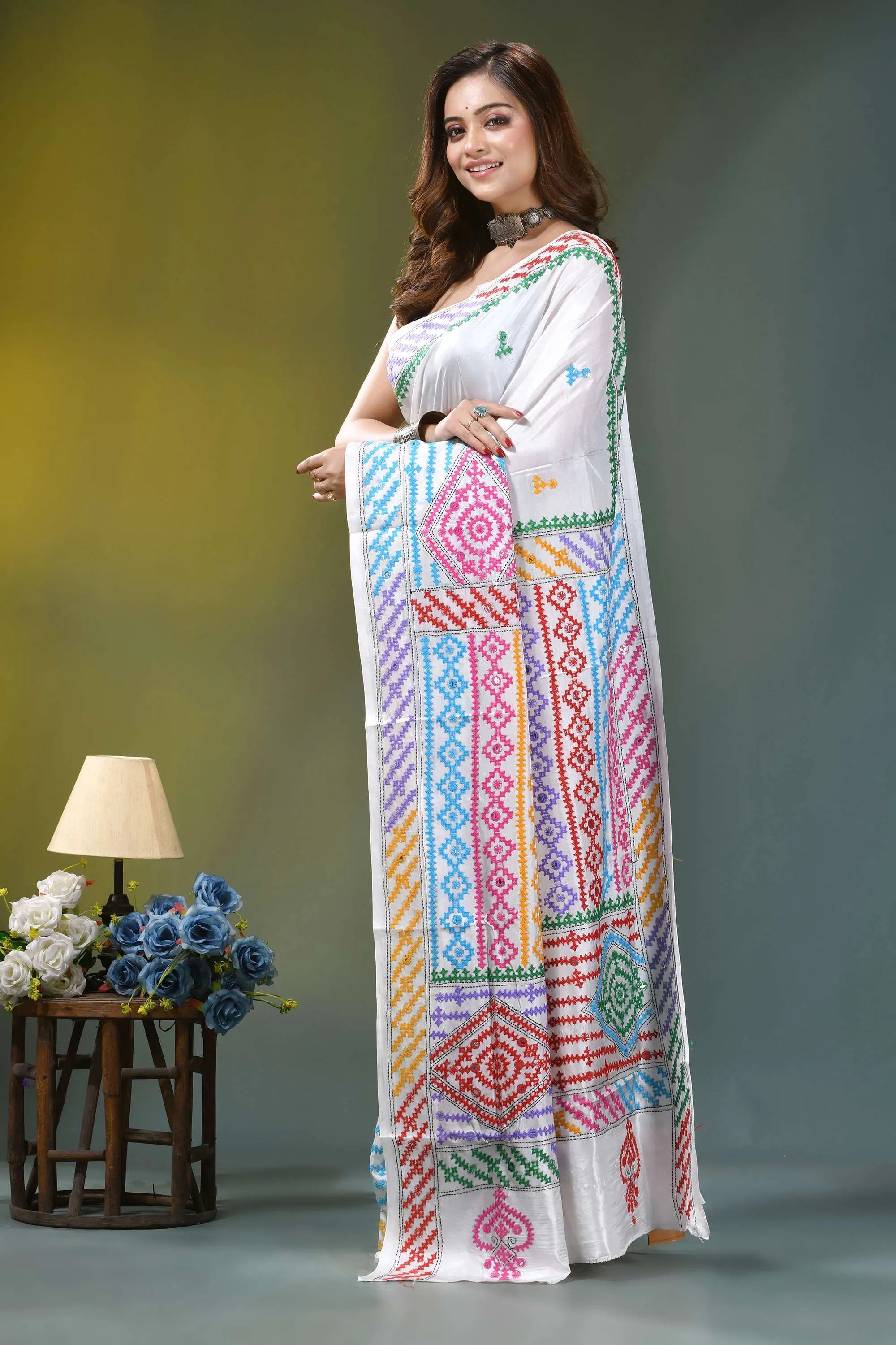 Powder white multi-thread silk gujrati stitch saree with mirror work white saree vibrant multicolored geometric 3