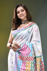 Powder white multi-thread silk gujrati stitch saree with mirror work white saree vibrant multicolored geometric 2