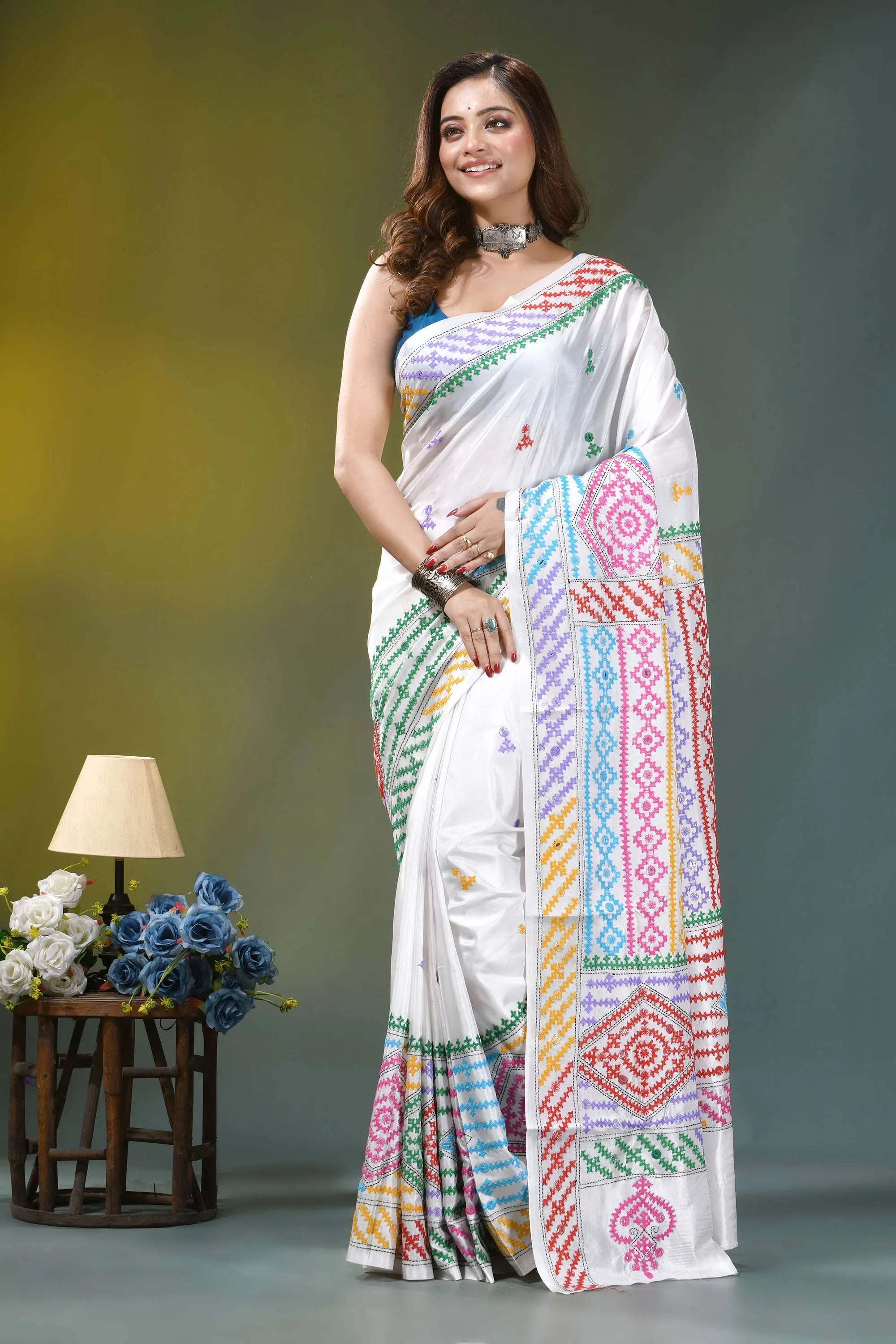 Powder white multi-thread silk gujrati stitch saree with mirror work white saree adorned vibrant multicolored 7
